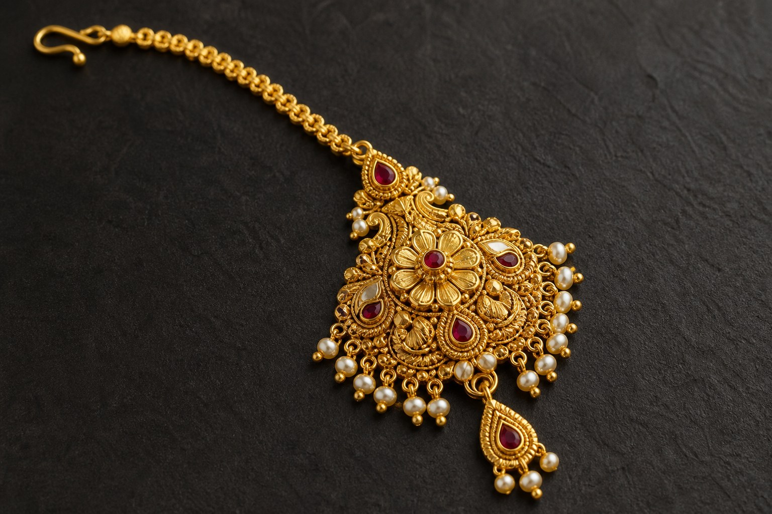 Bridal gold maang tikka with pearls and red stones